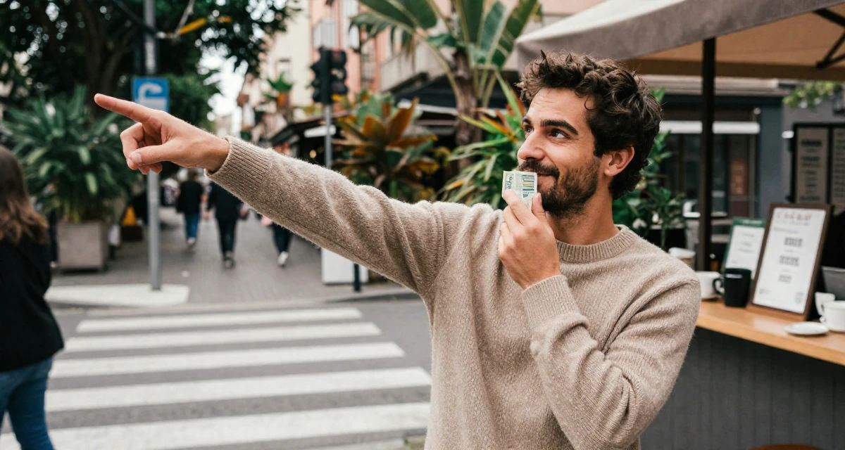 A contented male From Italy, studied graphic design in their 23, enjoying the first taste of disposable income, wearing a soft cashmere sweater worn with nothing visible underneath, touching the chin thoughtfully in a busy crosswalk.