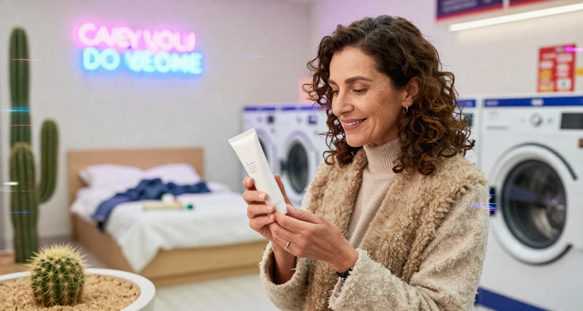 A warmhearted Female From Turkey, based in Izmir, graduated from a communication faculty majoring in brand strategy in their 34, focusing on skincare and graceful aging, wearing a warm winter layered look, examining a product in a laundromat with neon signs.