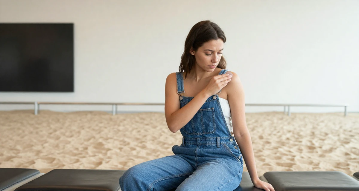 A focused Female From the Netherlands, based in Utrecht, graduated from a creative academy majoring in UX design in their 23, feeling pressure to figure life out quickly, wearing a tube top and oversized denim overalls with one strap down, dusting off the shoulder in a airport departure lounge.
