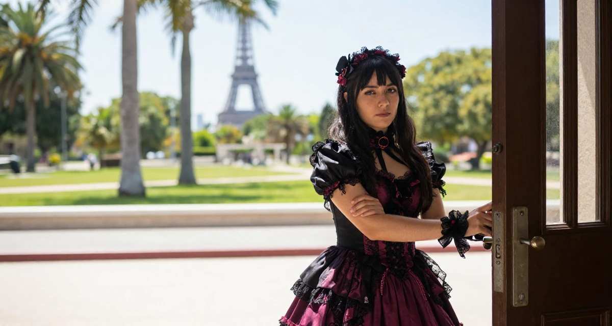 A resolute Female Born in Colombia, majored in media innovation in their 33, feeling a deep sense of gratitude and grounding, wearing a elaborate gothic lolita dress with frills and lace, pushing a door open in a university campus.
