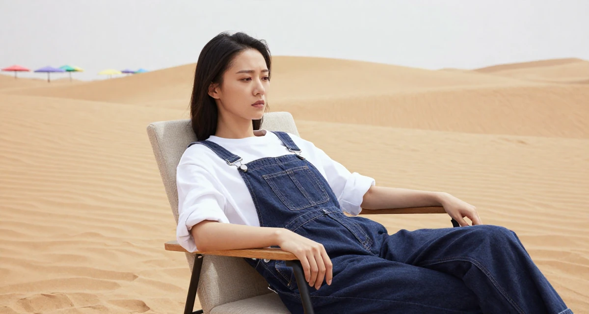 A cold and distant Female From Hangzhou China, majored in visual arts in their 25, feeling pressure from family about marriage, wearing a relaxed dungarees or overalls, rolling up sleeves in a desert sand dunes.