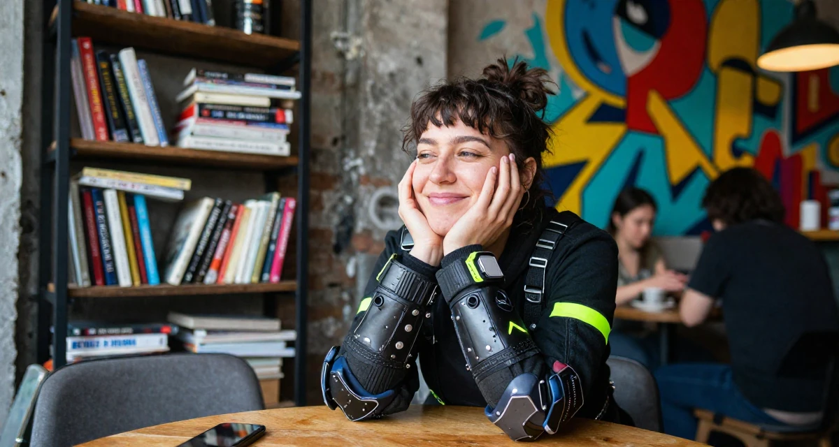 A settled Female Former café waitress, now documenting daily aesthetics for fans in their 37, embracing the chaos of family life with humor, wearing a cyberpunk street samurai gear with neon accents, laughing softly in a industrial loft.