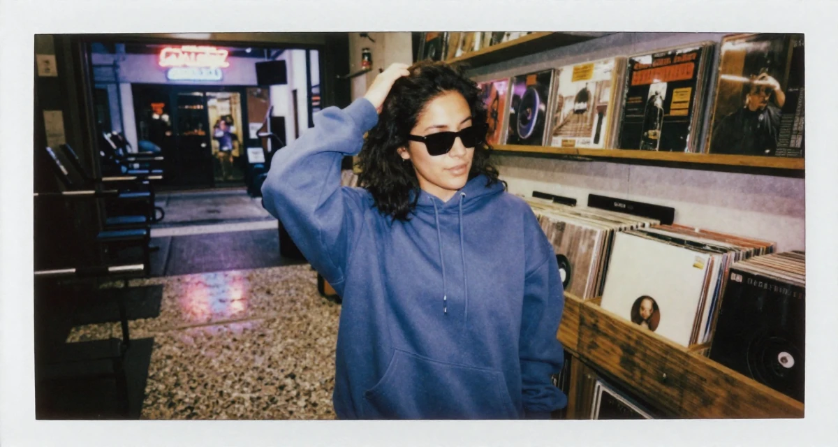 A warm Female From Mexico City Mexico, studied graphic communication in their 38, documenting a home gym transformation, wearing a trendy oversized hoodie, lowering sunglasses to look out in a vintage record store.