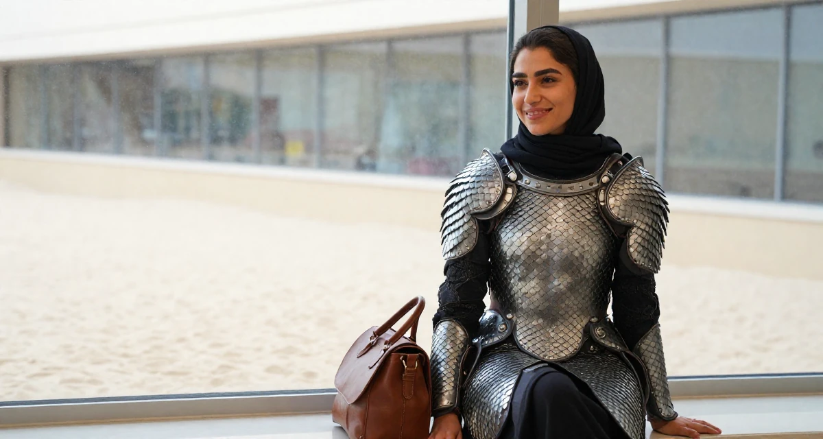 A bright and optimistic Female From Syria, studied business IT in their 23, learning to rebuild after severe drops in engagement, wearing a dragon scale armor texture with metallic sheen, carrying a leather handbag in a waiting room.