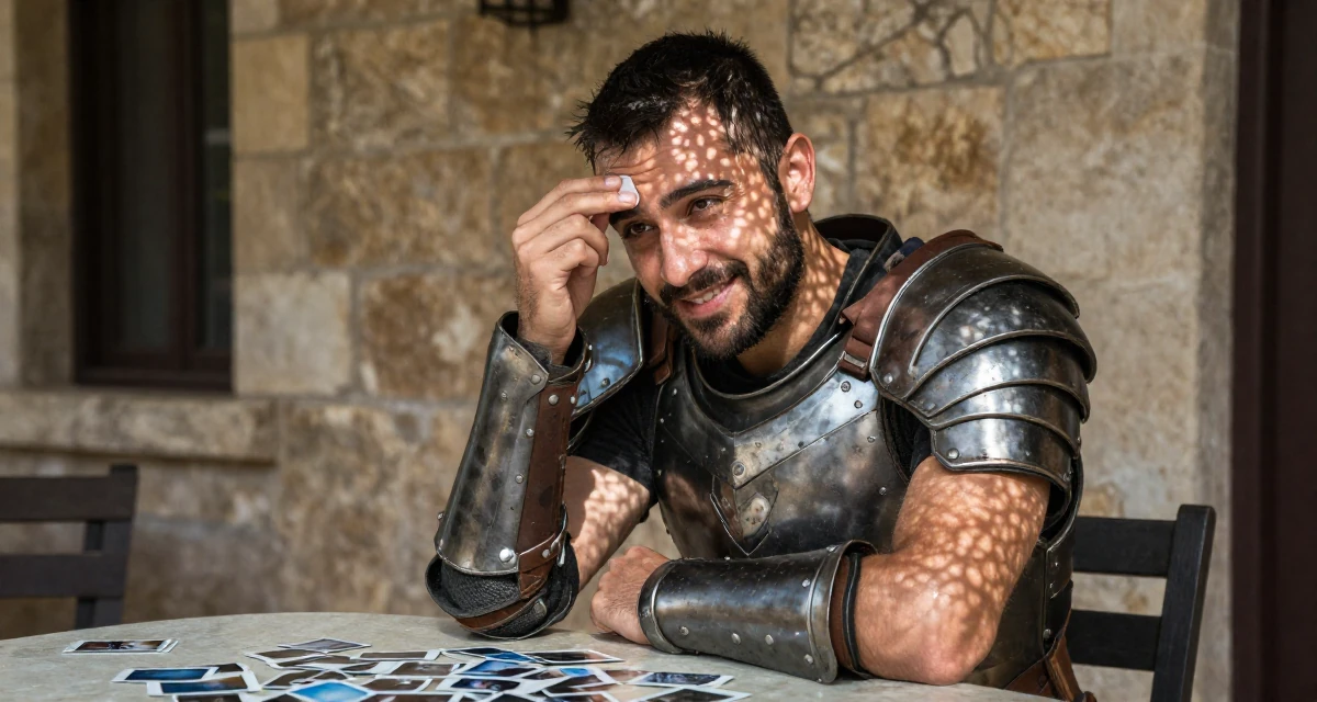 A charming male From Israel, has a background in tech startups in their 27, feeling more comfortable in their own skin, wearing a battle-damaged armor showing skin underneath, wiping sweat from the brow in a front porch.