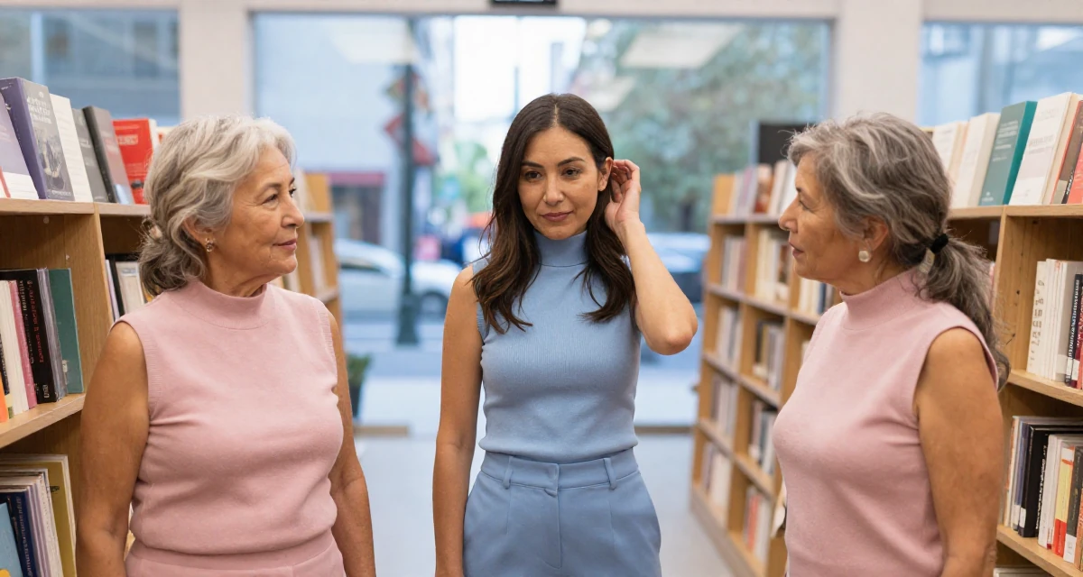 A glowing Female From Chile, based in Santiago, graduated from a communication college majoring in aesthetic storytelling in their 40, navigating the balance of career and aging parents, wearing a sleeveless turtleneck top and tailored cigarette pants, shivering slightly in a bookstore aisle.