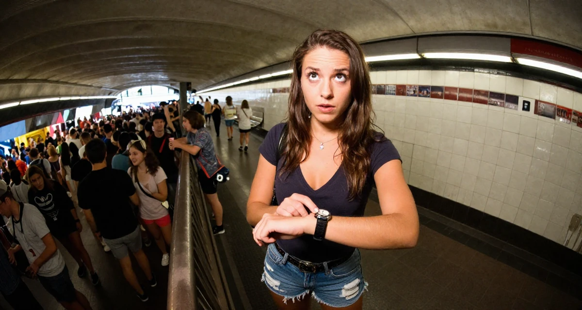 A curious and focused Female Grew up in Ireland, majored in digital marketing in their 22, learning that fans disappear as fast as they come, wearing a deep v-neck t-shirt and distressed denim shorts, glancing at a wristwatch in a opera house balcony.