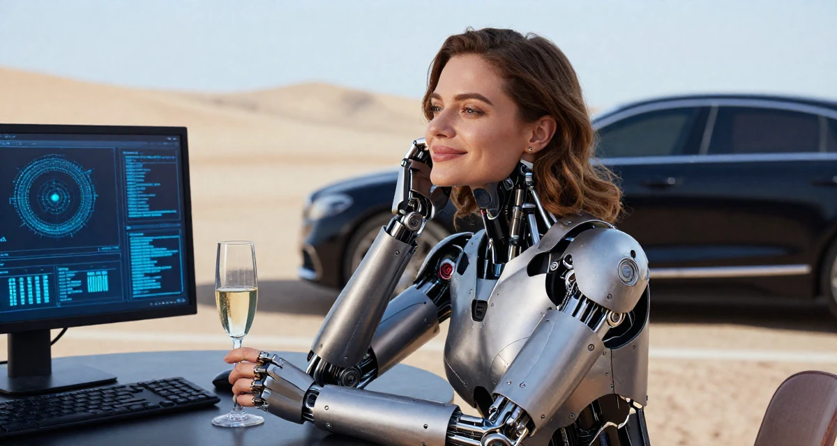 A sensual Female From Russia, studied computer science at a technical university in their 25, smiling gently with a secret inner peace, wearing a futuristic android body armor with exposed mechanical parts, holding a champagne glass in a desert landscape.