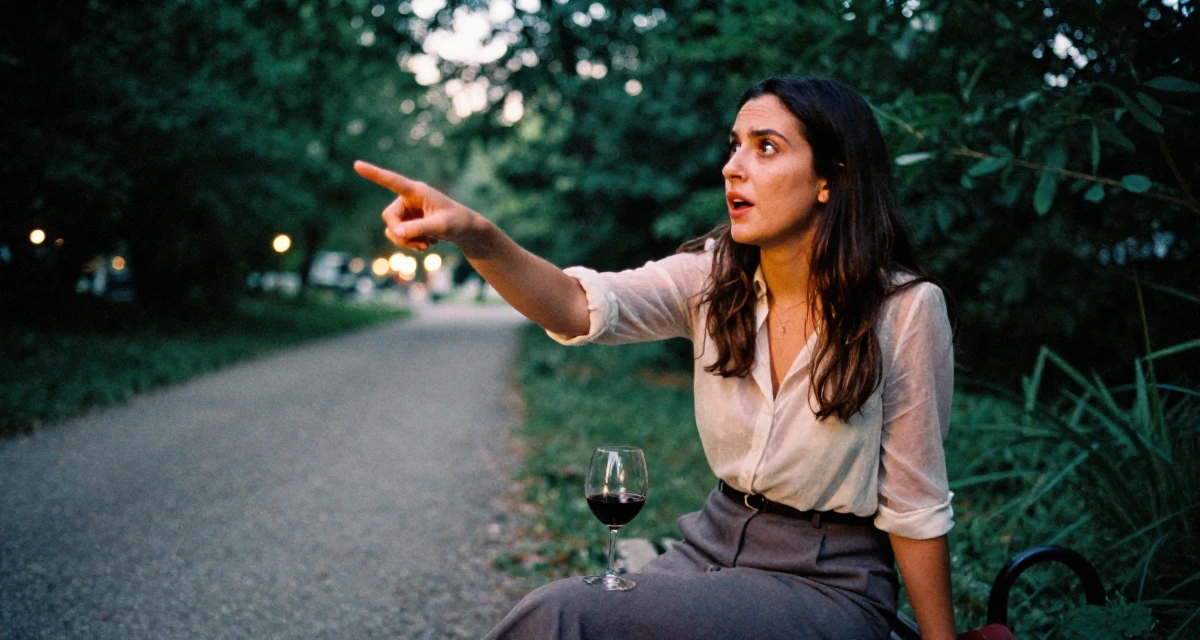 A awestruck Female From USA, studied political science in DC in their 30, accepting that ambition doesn’t erase exhaustion, wearing a sheer sleeve blouse and a high-waisted skirt, pointing at something nearby in a forest path.