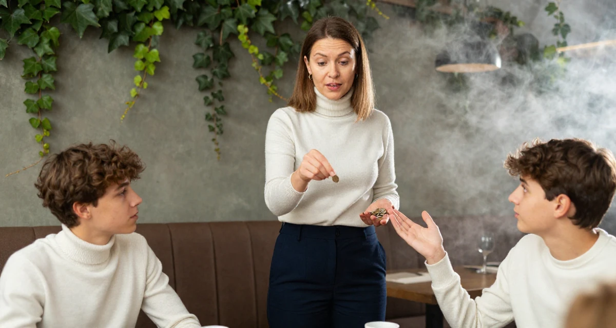 A expectant Female From Belgium, has a degree in international law in their 41, confident mother of teenagers sharing advice, wearing a sophisticated turtleneck and trousers, flipping a coin in a restaurant booth.