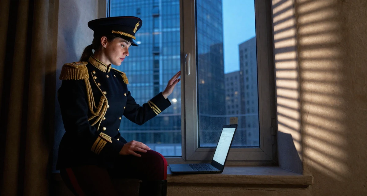 A gentle Female From Istanbul Türkiye, learned belly dance and expressive movement in their 40, sharing the joy of adoption and family, wearing a imperial officer uniform with a peaked cap, looking at a reflection in a window in a dungeon cell.