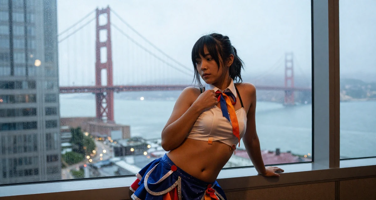 A absent-minded Female From Buenos Aires Argentina, trained in tango and partner flow in their 25, learning to flirt through camera presence alone, wearing a anime idol stage costume with ribbons and glitter, fixing a collar in a modern skyscraper lobby.