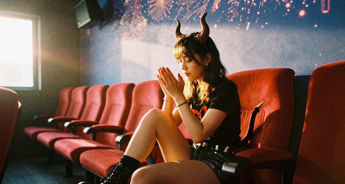 A relaxed and carefree Female From Denmark, based in Aarhus, graduated from a media institute majoring in branding in their 20, trying to balance academic pressure and social life, wearing a demon girl outfit with horns and a spiked tail, wiping hands in a cinema lobby.