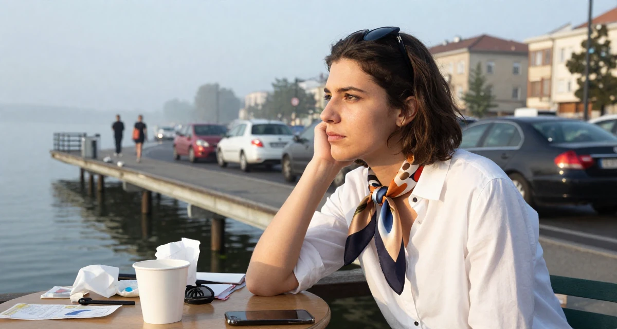 A grounded Female From Hungary, based in Debrecen, graduated from a fashion program majoring in bold thematic styling in their 24, forming long-term goals for the first time, wearing a silk scarf tied around the neck of a white shirt, watching traffic pass by in a lakeside dock.