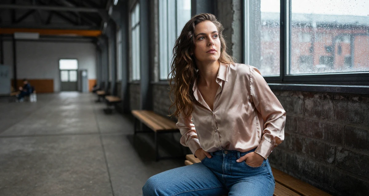 A reflective Female From Germany, based in Hamburg, graduated from a design academy majoring in interaction design in their 24, leaning into confidence as a form of creative expression, wearing a soft silk blouse and jeans, putting hands in pockets in a industrial warehouse.