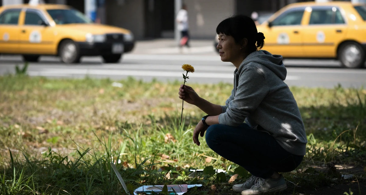 A gently amused Female From Sapporo Japan, trained in fitness and body sculpting in their 38, rediscovering old hobbies like painting, wearing a classic grey hoodie and jeans, holding a single flower in a grassy field.