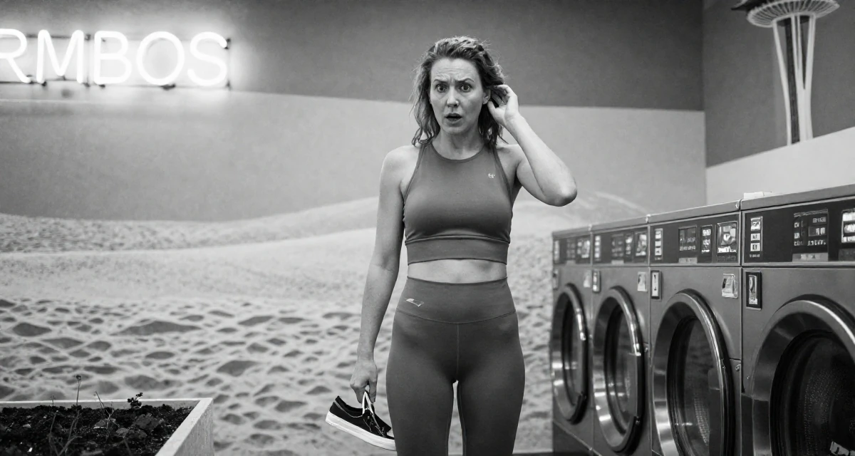 A stunned Female From Finland, studied graphic design and branding in their 31, sharing tips on modern urban gardening, wearing a gym shark style seamless leggings and matching crop top, dangling a shoe from one foot in a laundromat with neon signs.