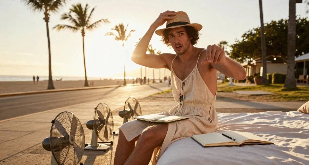 A mysterious male Born in Colombia, majored in media innovation in their 22, building fans who appreciate charm over shock, wearing a spaghetti strap summer dress with a high slit, adjusting a hat in a beach promenade.