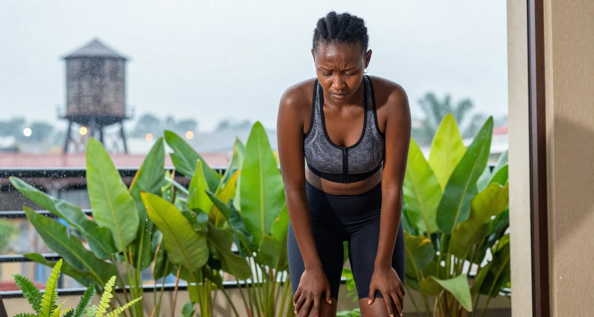 A sorrowful Female From Rwanda, majored in social innovation in their 22, using body language to convey mood more than exposure, wearing a tight biker shorts and a sports bra with a zip front, inspecting fingernails in a sunlit living room.