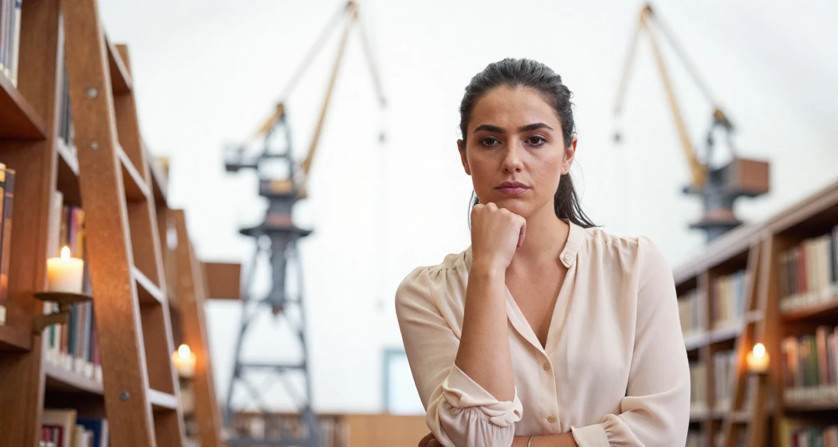 A calm and confident Female From Australia, has a diploma in business administration in their 20, stressing over finals and future uncertainty, wearing a lightweight chiffon blouse slightly unbuttoned, resting a chin on a hand in a old library with wooden ladders.