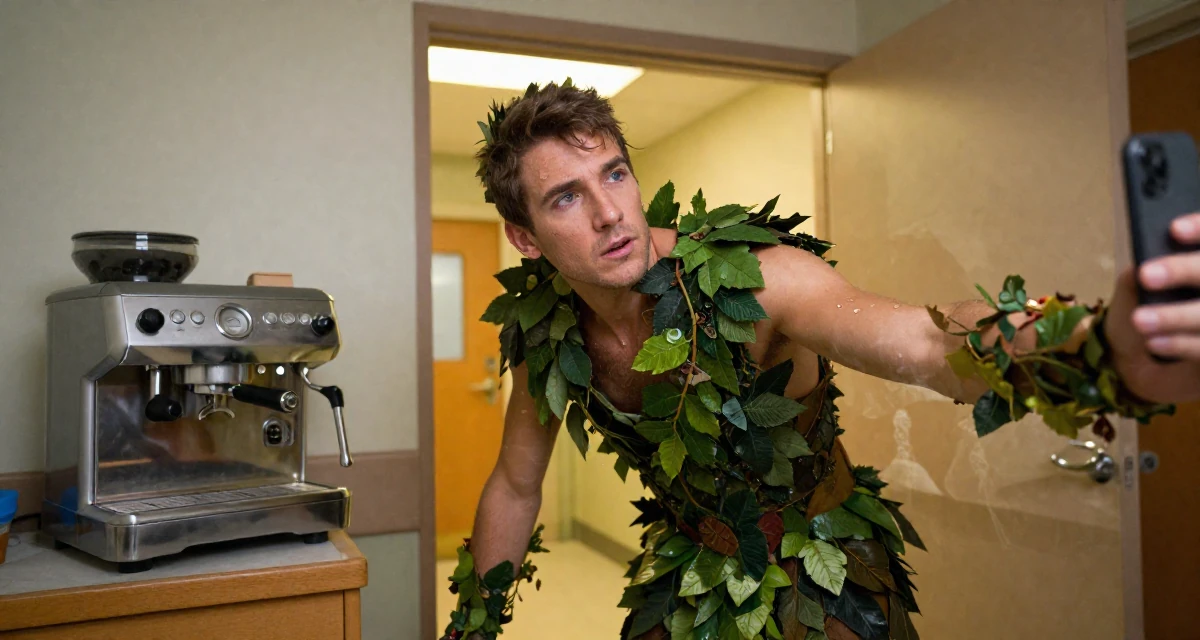 A focused male From Las Vegas USA, learned burlesque performance and crowd engagement in their 23, looking sophisticated but feeling lost inside, wearing a forest dryad costume made of leaves and vines, posing for a selfie in a abandoned hospital.