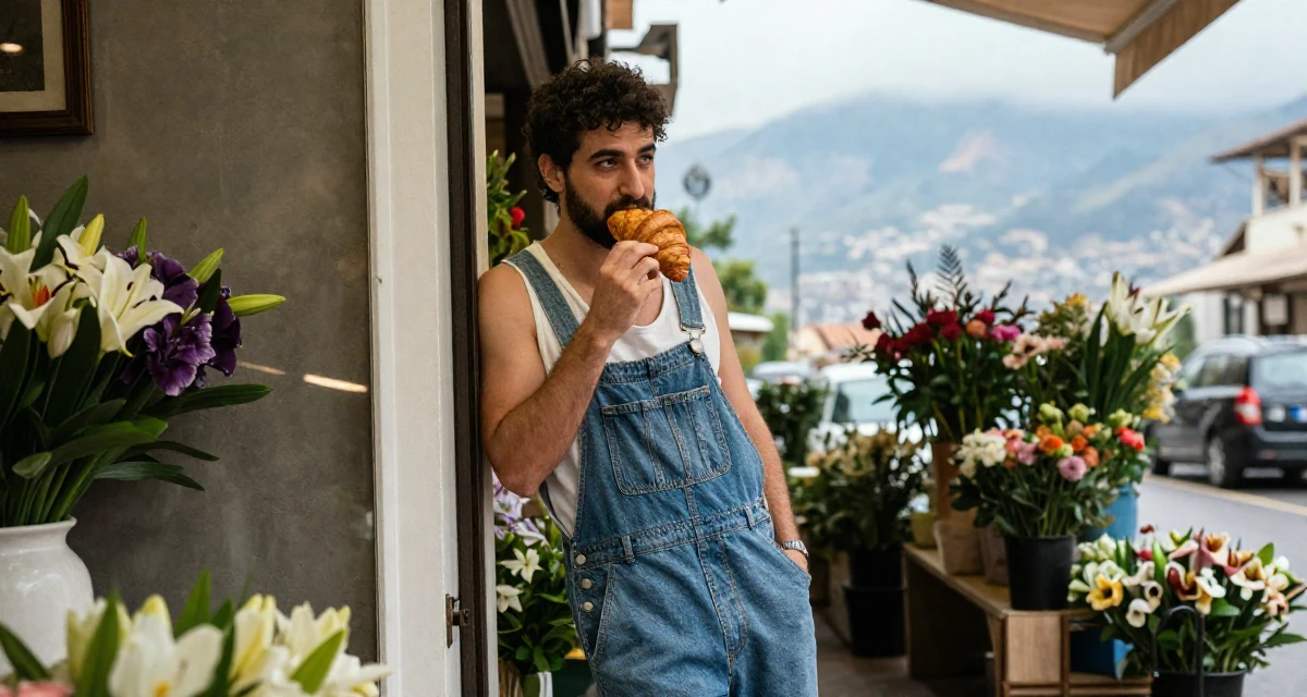 A seductive male From Lebanon, based in Beirut, graduated from a creative institute majoring in expressive photoshoot styling in their 33, seeking a deeper connection with nature, wearing a relaxed dungarees or overalls, eating a croissant in a flower shop.