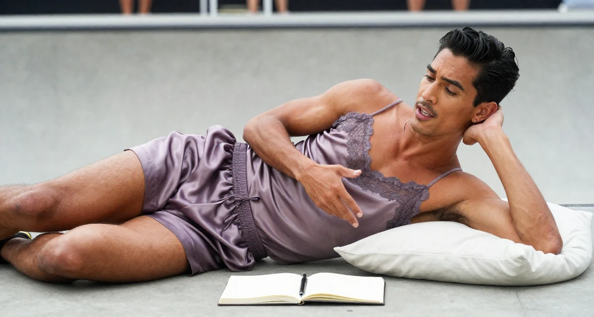 A sophisticated male From Hong Kong, trained in contemporary dance and visual expression in their 25, experimenting with color palettes that feel sensual, wearing a lace-trimmed camisole and silk lounge shorts, gesturing while talking in a skate park.