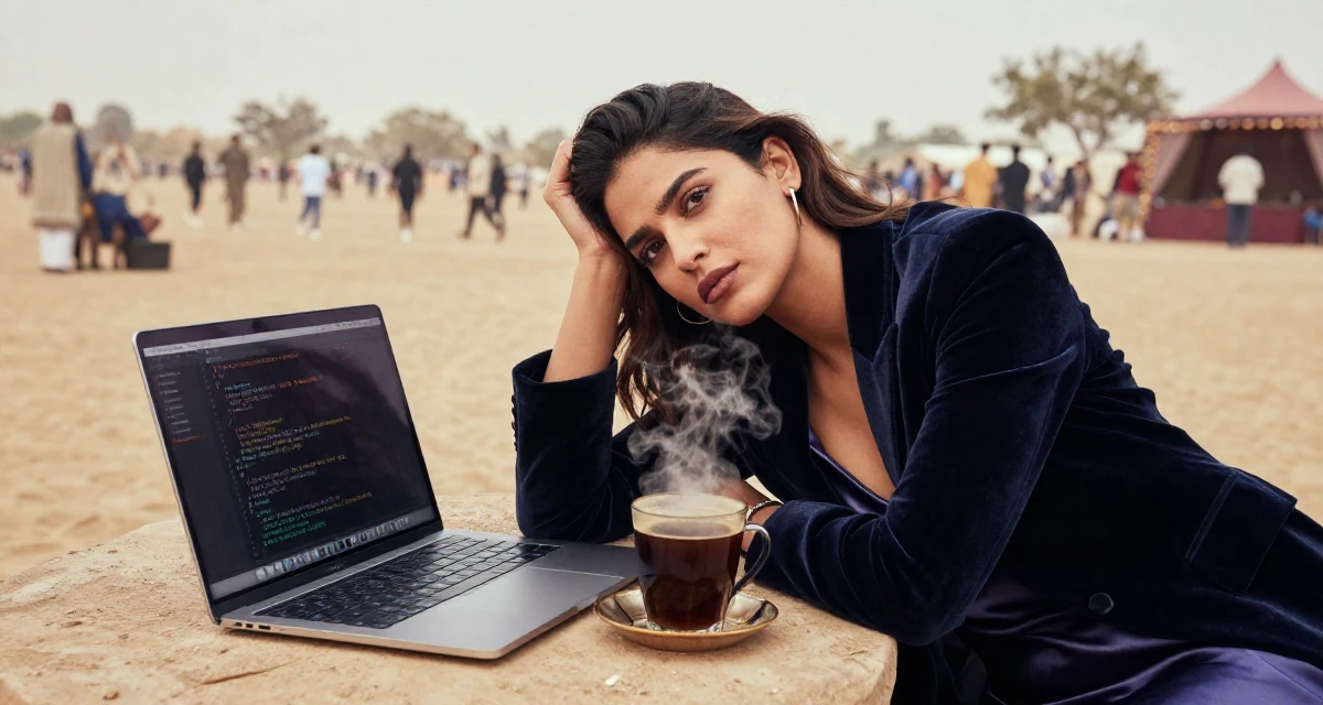 A distracted Female Born in India, studied data analytics for media in their 33, teaching coding and tech skills online, wearing a velvet blazer and a silk slip dress, picking something up in a desert landscape.