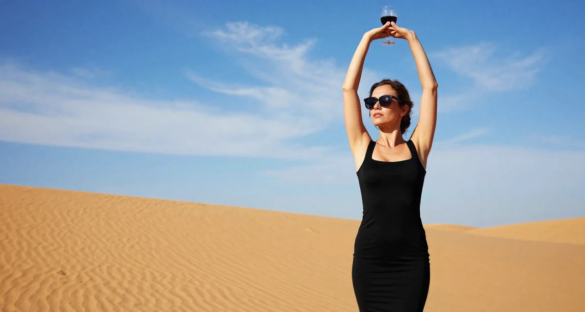 A observant Female From Florence Italy, practiced artistic nude composition in their 28, facing that growth sometimes plateaus for months, wearing a fitted black dress with a square neckline, lowering sunglasses to look out in a desert sand dunes.