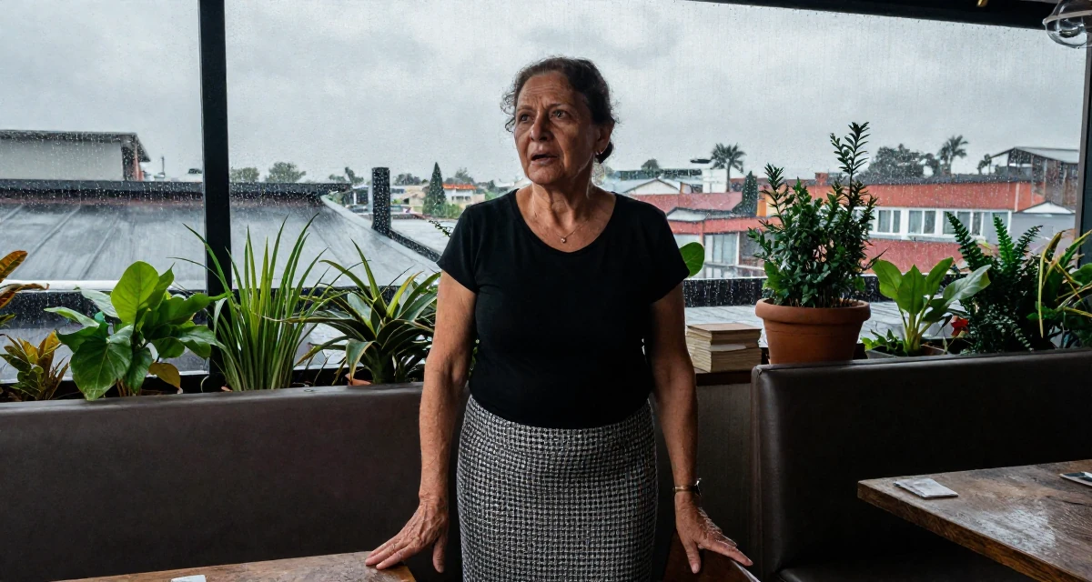 A relaxed and observant Female Born in Haiti, majored in international relations in their 40, supporting aging parents, wearing a houndstooth pattern skirt and black top, shifting weight impatiently in a restaurant booth.