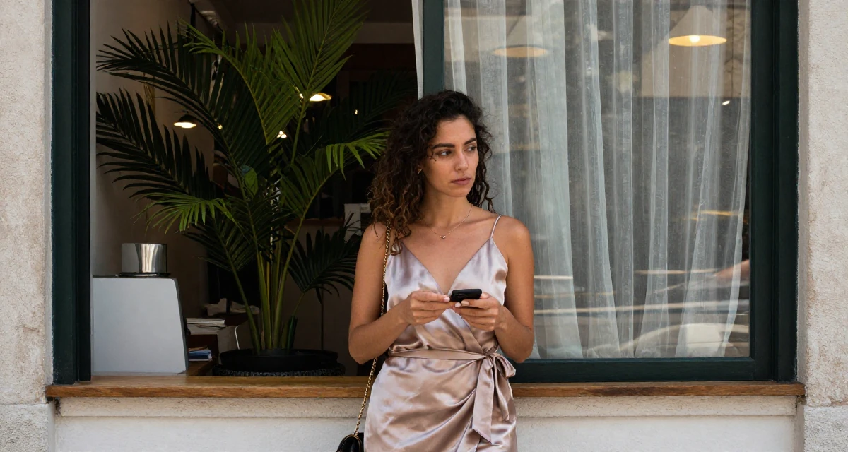 A wistful Female From Portugal, majored in digital storytelling in their 22, building early digital portfolios, wearing a satin wrap dress tied loosely at the waist, inspecting an object in a bakery counter.