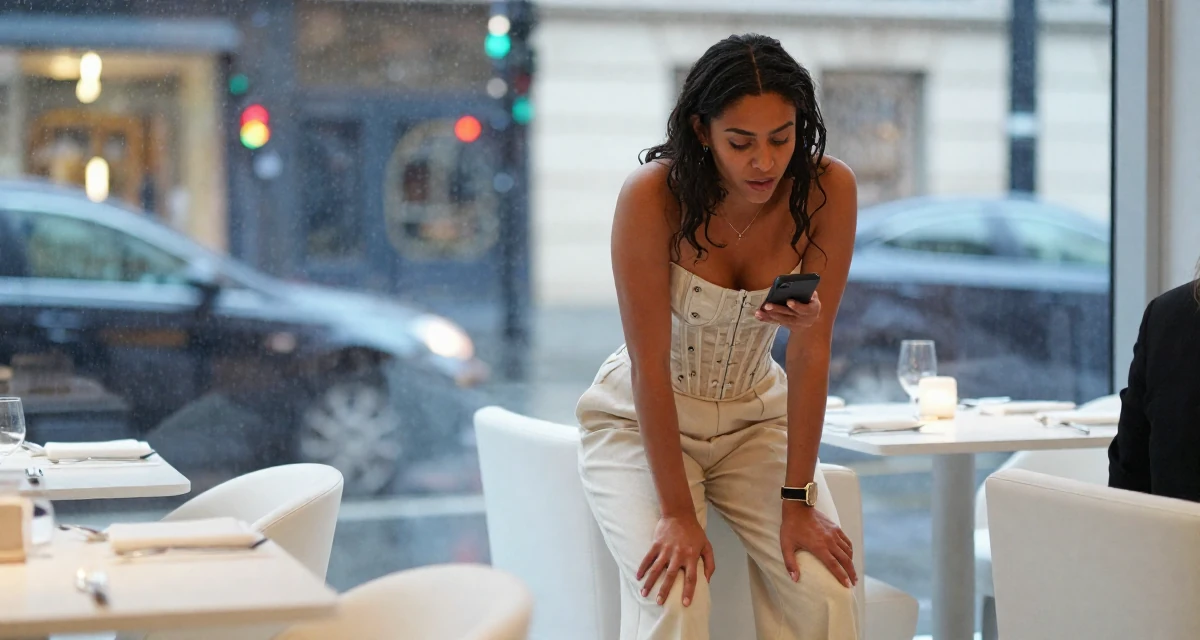 A vibrant Female From France, studied philosophy at Sorbonne in their 25, strengthening personal boundaries and priorities, wearing a corset-style top and wide-leg trousers, checking a phone in a high-end restaurant.