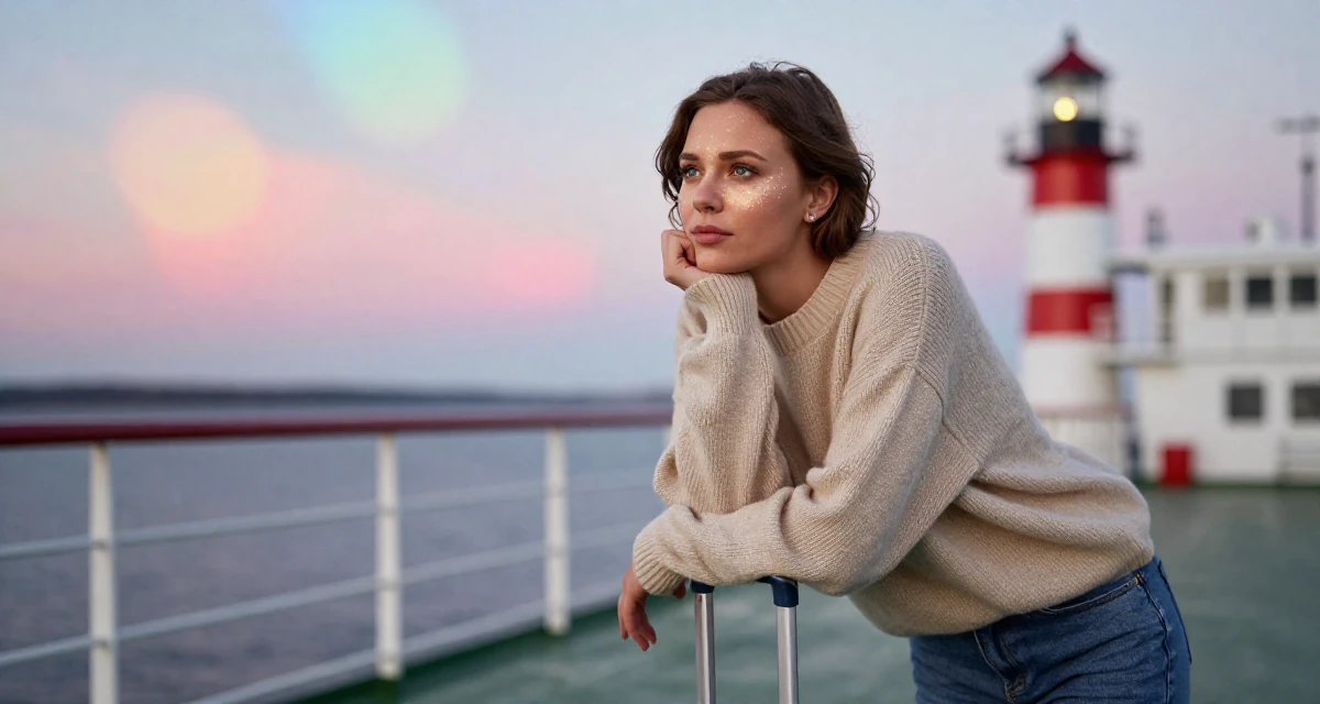 A seductive Female From Sweden, trained in interior architecture in their 25, struggling to maintain motivation in early studies, wearing a oversized beige sweater and jeans, polling a luggage handle in a ferry deck.