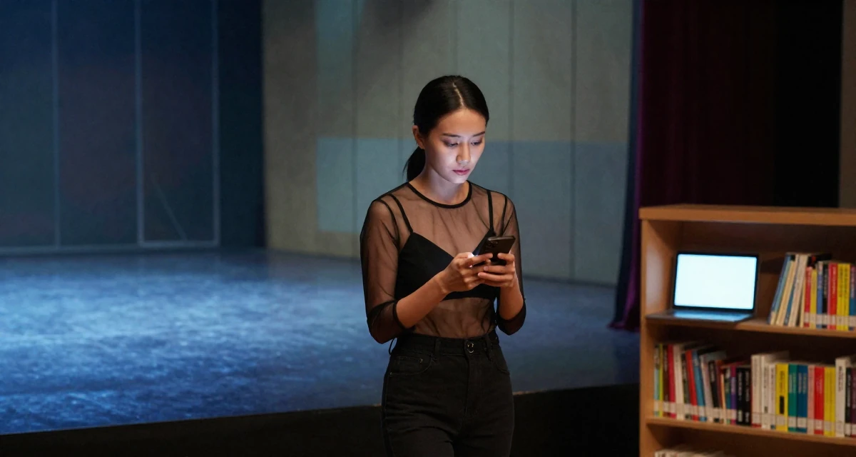 A moody Female Once a kindergarten helper, now producing warm lifestyle aesthetics in their 24, fine-tuning creative style and lighting setups, wearing a sheer mesh top layered over a black bralette, checking a phone in a empty theater stage.