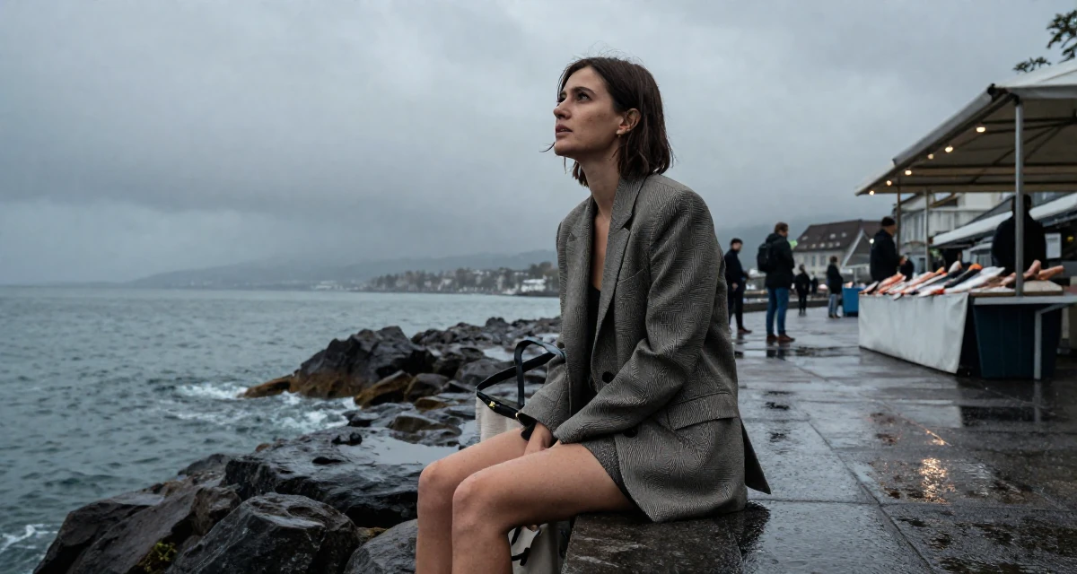 A spirited Female From Zurich Switzerland, learned luxury lifestyle imaging in their 29, carrying invisible pressure to stay relevant, wearing a structured blazer with shorts, carrying a tote bag in a rocky ocean cliff.