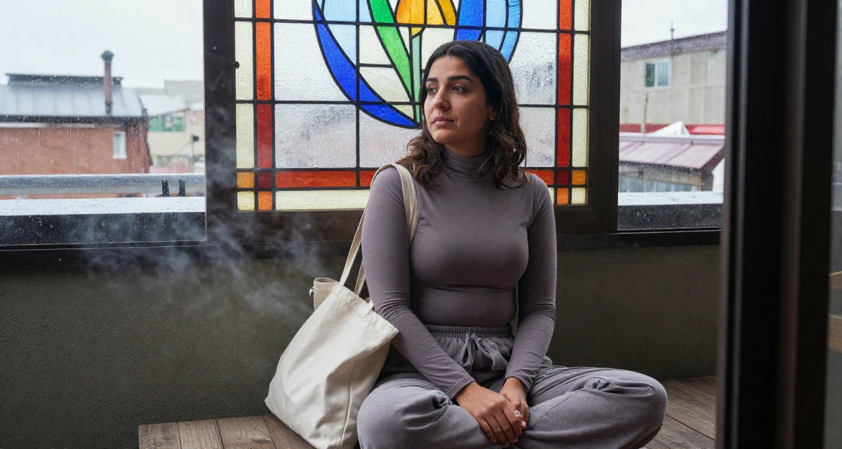 A pensive Female From Arabic-speaking world, majored in geology in their 46, creating a sanctuary at home for relaxation, wearing a high-cut bodysuit paired with loose jogging bottoms, carrying a tote bag in a rooftop terrace.