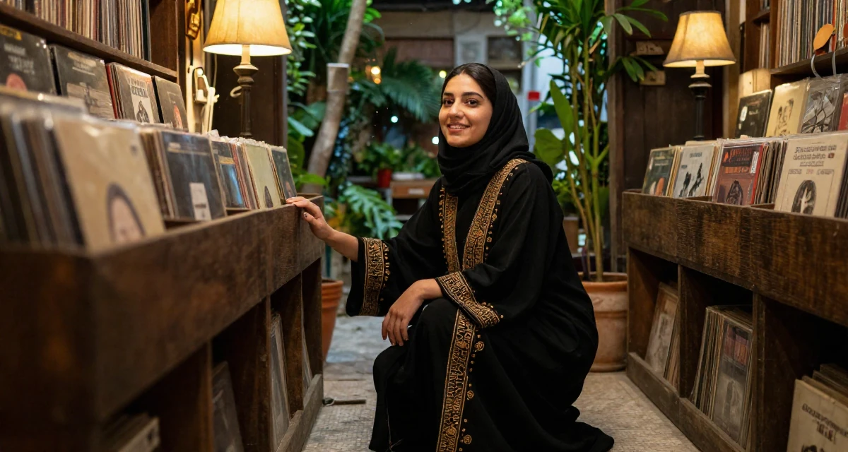 A softly smiling Female Born in Egypt, studied public relations in their 25, realizing 25 is still incredibly young, wearing a cultist robe with mysterious rune embroidery, waiting for a taxi in a vintage record store.