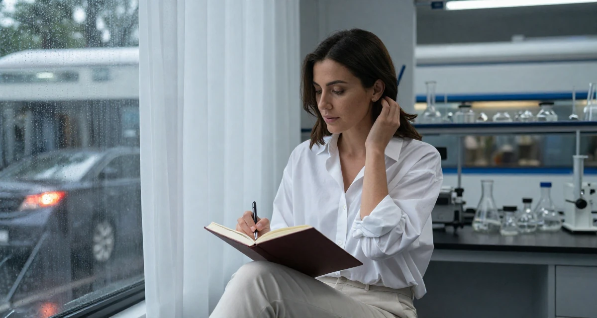 A observant Female Former library assistant, now creating cozy reading-corner aesthetics in their 30, radiating an aura of elegance and poise, wearing a oversized white shirt with sleeves rolled up and slim trousers, writing in a journal in a science lab.