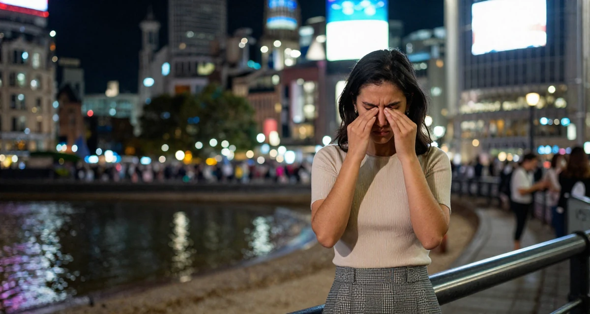 A intimidating Female From the United Kingdom, based in Manchester, graduated from a city university majoring in marketing strategy in their 22, learning workplace expectations and boundaries, wearing a fitted ribbed top and a check pattern skirt, rubbing eyes in a beach promenade.