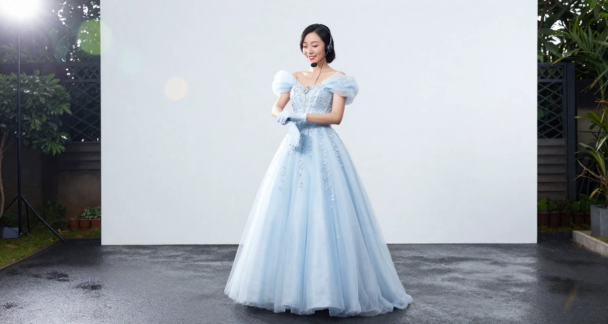 A smiling gently Female Once a call-center agent, now a confident camera-ready creator in their 34, sharing the journey of infertility and hope, wearing a snow queen gown with ice crystal details, putting on a glove in a backyard garden.
