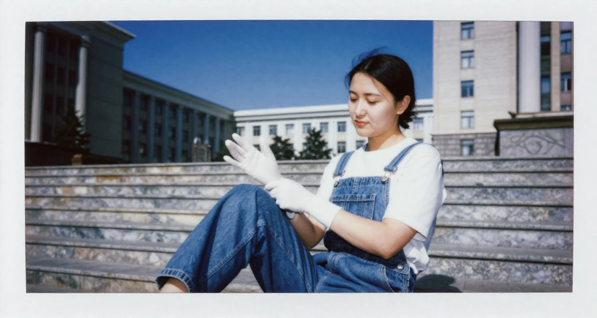 A self-assured Female From Kyrgyzstan, majored in public health in their 42, sharing the reality of executive burnout, wearing a relaxed dungarees or overalls, removing a glove in a university campus.