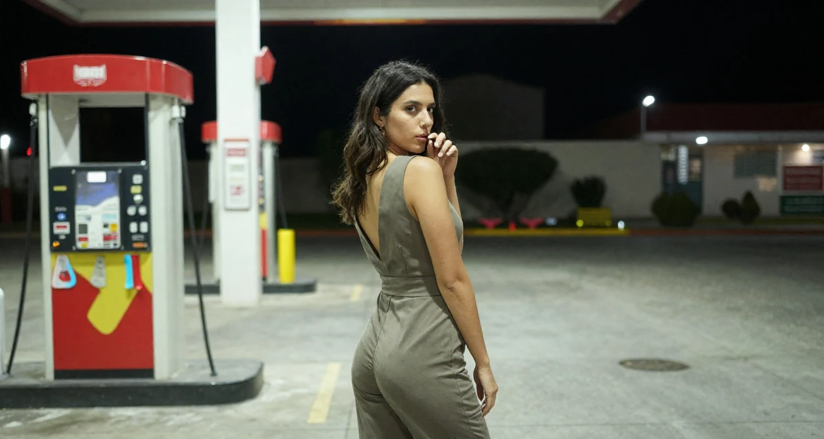 A ethereal Female From Mexico, based in Monterrey, graduated from a private university majoring in communication studies in their 20, living entirely for the aesthetic of the moment, wearing a tailored jumpsuit with a deep v-neck, biting a lip thoughtfully in a gas station at night.