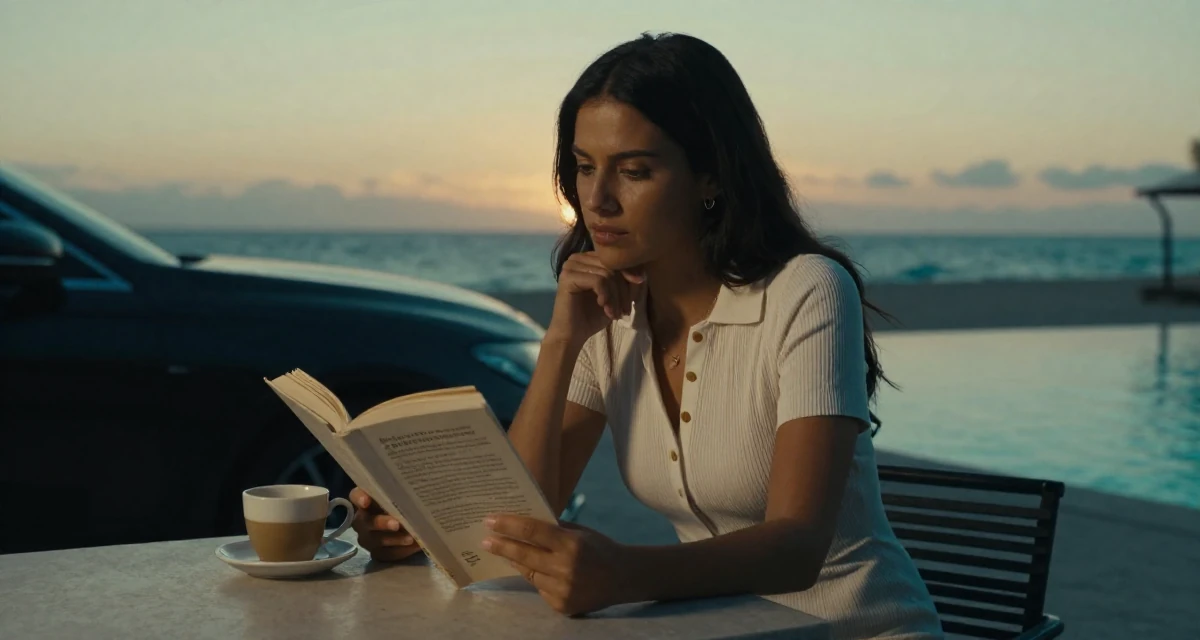 A contemplative Female From Mexico, majored in law in their 34, reviewing books and sharing reading lists, wearing a ribbed cotton dress with buttons down the front, holding a cup of coffee in a sunset beach.