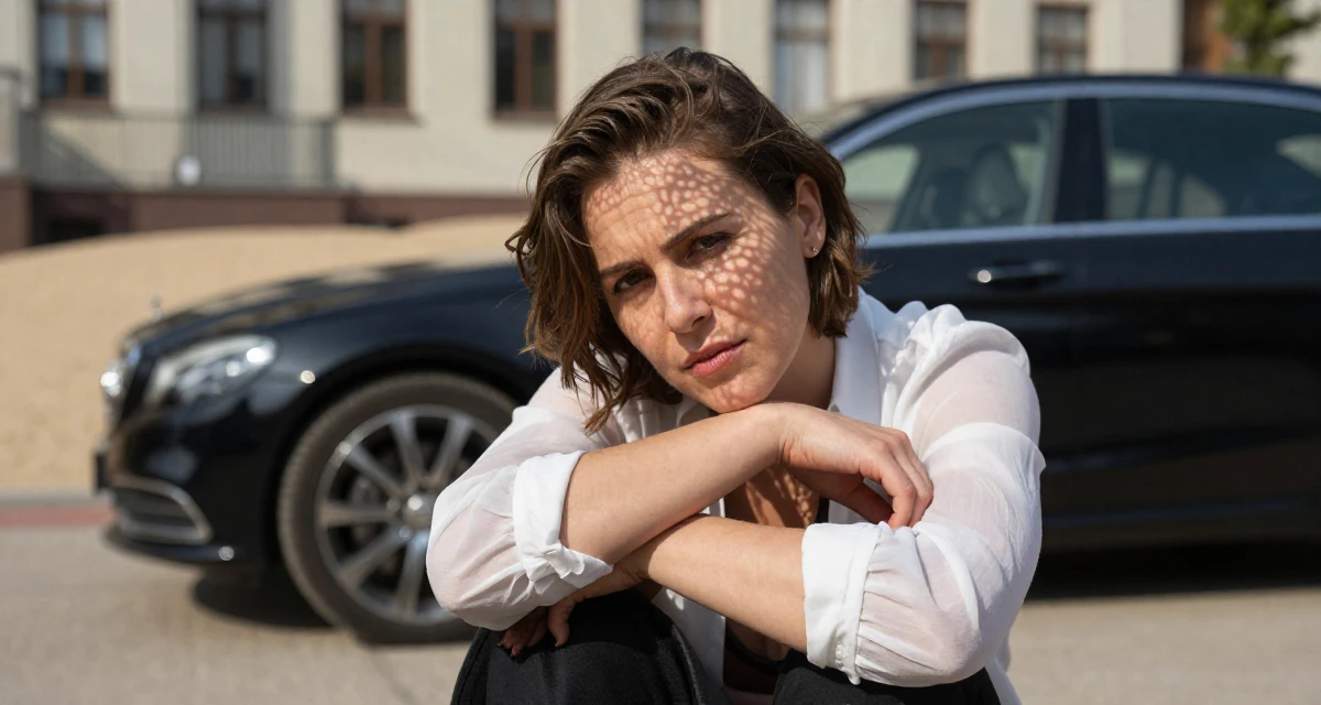 A stressed Female From Czech Republic, based in Ostrava, graduated from a creative university majoring in emotional visual arts in their 30, accepting that ambition doesn’t erase exhaustion, wearing a translucent white blouse and a dark bra underneath, holding a hat in a university campus.