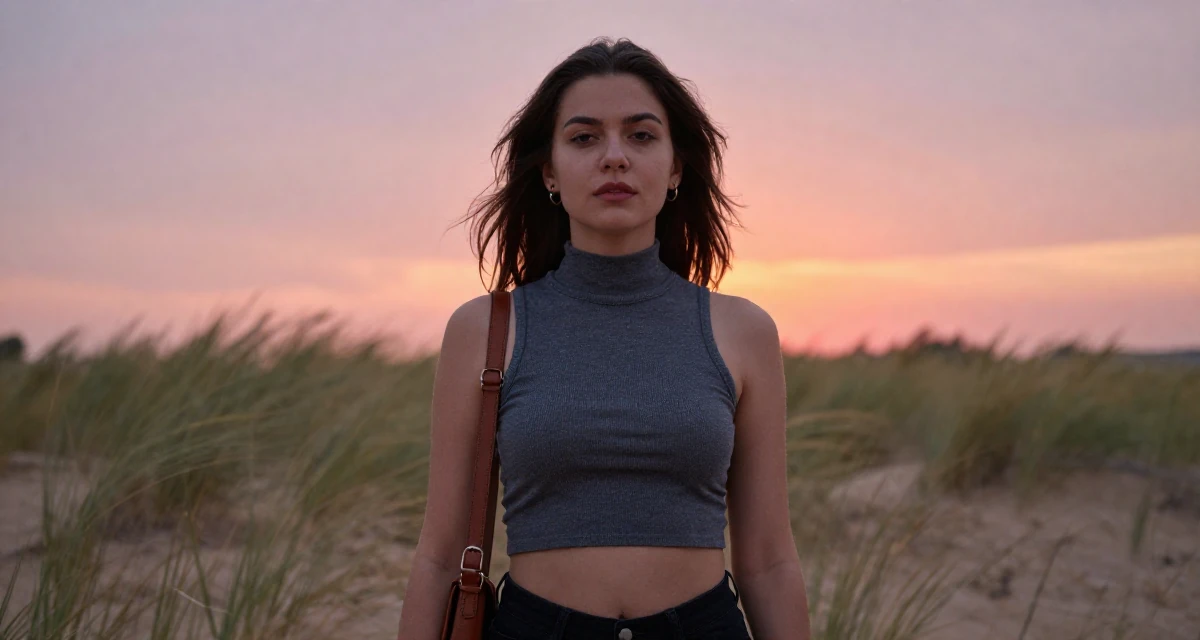 A bold and charismatic Female From Russia, holds a degree in graphic design in their 21, enjoying the peak of carefree student life, wearing a high-neck sleeveless crop top showing toned arms, carrying a leather handbag in a desert landscape.