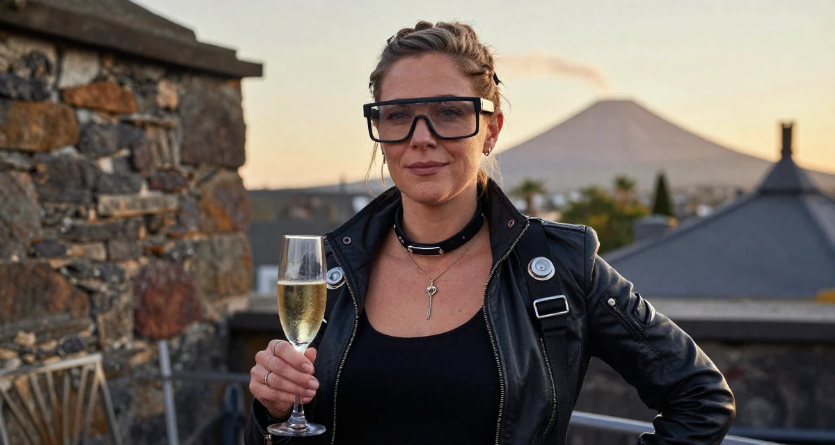 A peaceful Female Grew up in Ireland, majored in digital marketing in their 41, rebuilding confidence after job loss, wearing a cyberpunk hacker outfit with oversized tech glasses, holding a champagne glass in a rooftop terrace at sunset.
