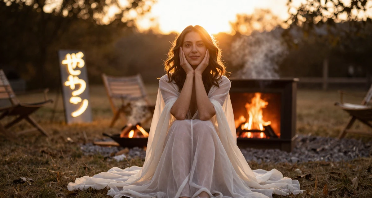 A open and honest Female From USA, studied computer science but switched to arts in their 39, creating a cozy and safe sanctuary at home, wearing a ethereal spirit dress made of flowing sheer chiffon, clasping hands together in a campfire circle.