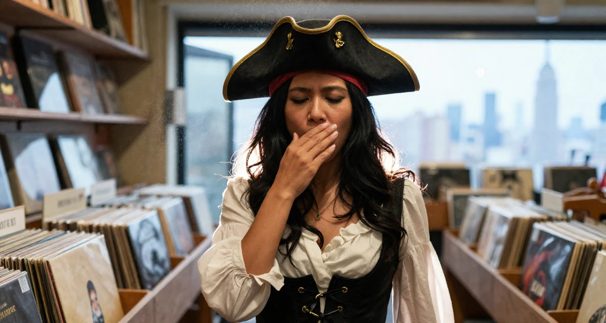 A reassured Female From Bandung Indonesia, studied journalism in their 45, documenting the renovation of a vacation home, wearing a pirate captain outfit with a corset and tricorn hat, stifling a yawn in a vintage record store.