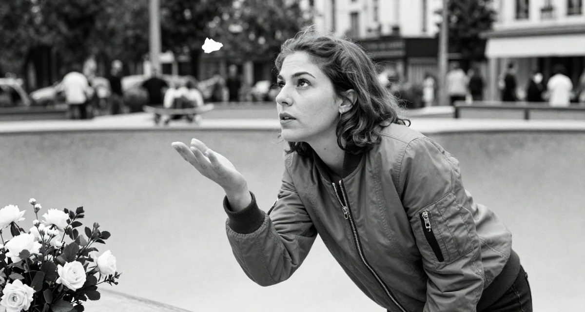A yearning Female Raised in Romania, studied entertainment marketing in their 23, balancing vulnerability and professionalism, wearing a classic bomber jacket style, catching a falling flower petal in a skate park.