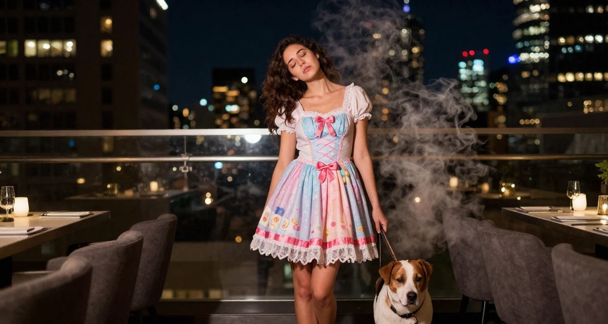 A pensive Female From Toronto Canada, self-taught in boudoir lighting and set styling in their 22, realizing their parents were right about sleep, wearing a candy-themed magical girl dress with pastel colors, walking a dog (leash visible) in a high-end restaurant.